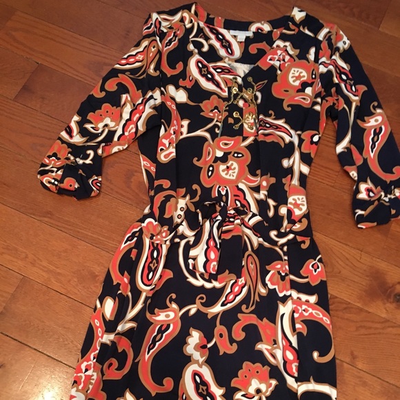Abstract Navy and Orange dress. Chain tie up. - Picture 2 of 4